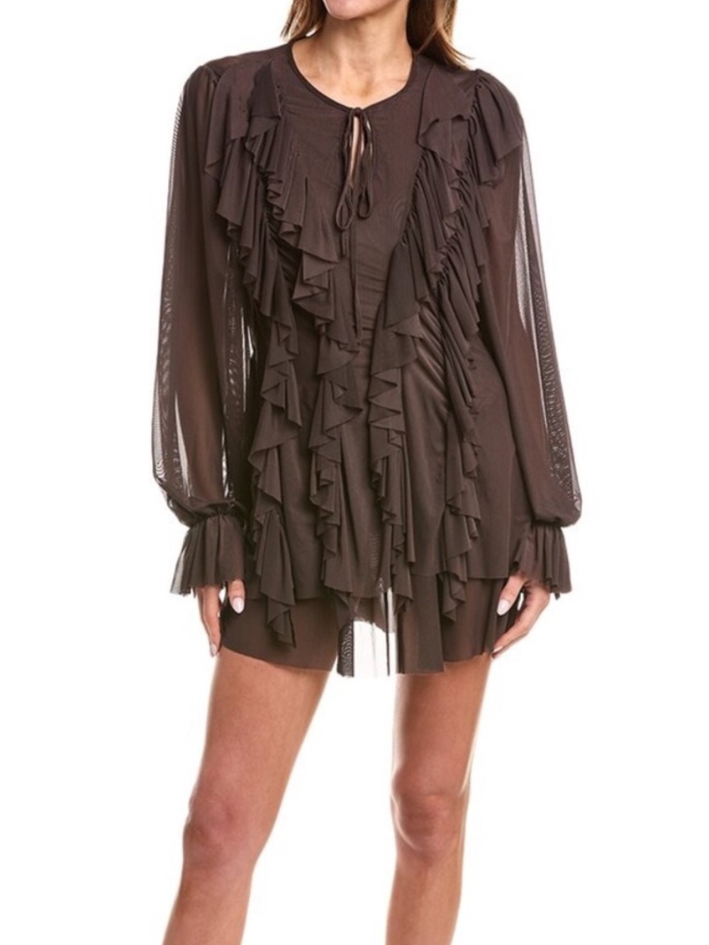 Zara Ruffled Cascading Chocolate Brown Semi Sheer Billowy Boho Mini Dress Medium - Picture 5 of 13